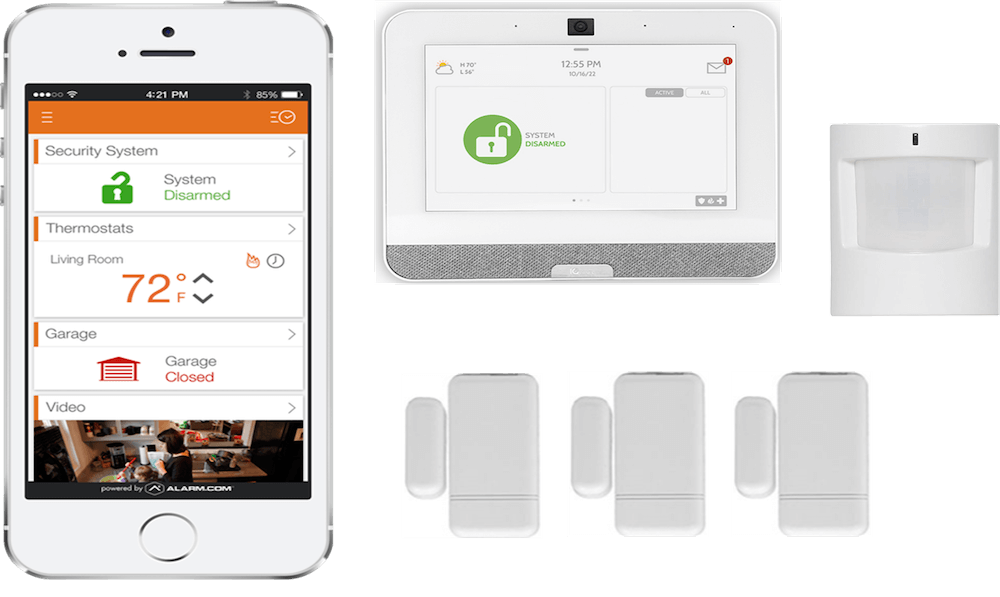 The image shows a home security system, including a smartphone app interface, control panel, motion sensor, and three door/window sensors.