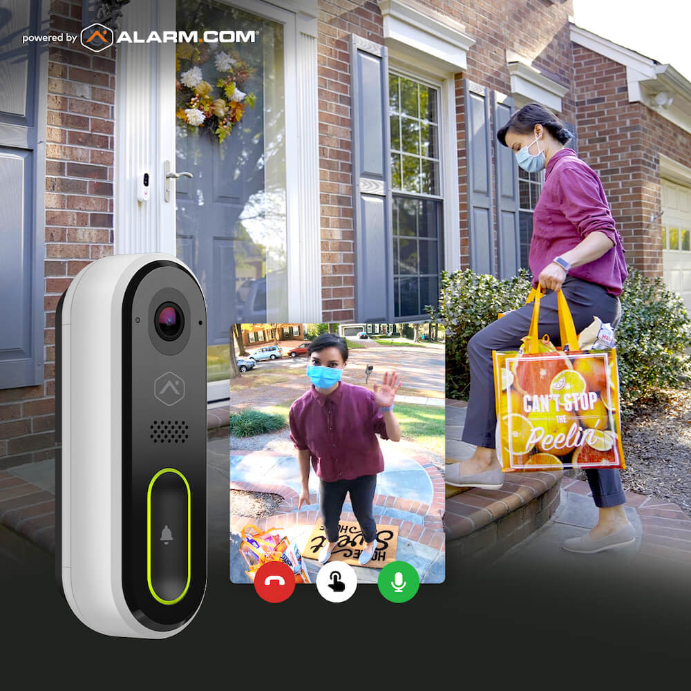 A smart doorbell camera is displayed next to an image of a person and child, both wearing masks, at a doorstep, simulating a contactless delivery scenario.