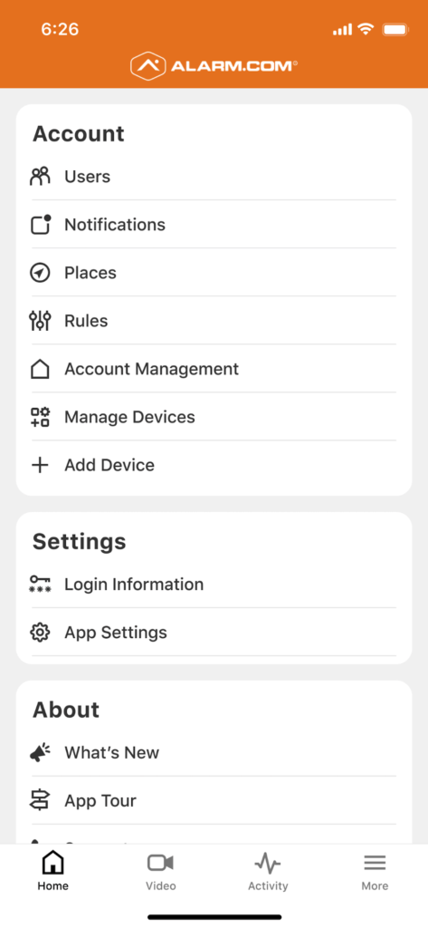 The image shows a smartphone screen displaying the settings menu of the Alarm.com app, including options for account management, device settings, and information about the app.