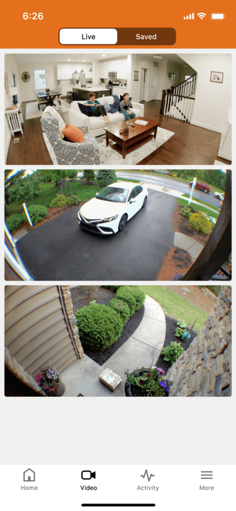 The image displays a smartphone interface showing three live security camera feeds: a living room with two people, a driveway with a car, and an outdoor package delivery.