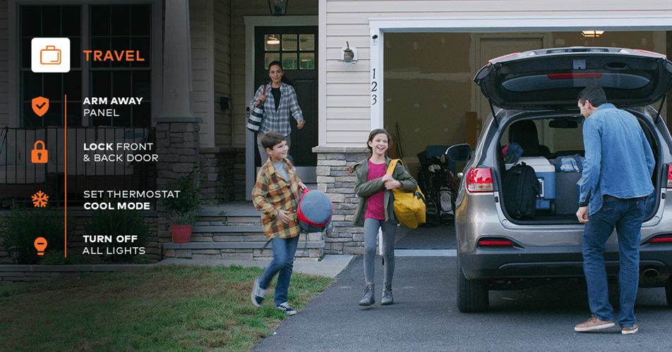 A family is preparing to travel; two kids exit the house, a person oversees from the doorway, and another person loads a car. Icons suggest smart home actions.