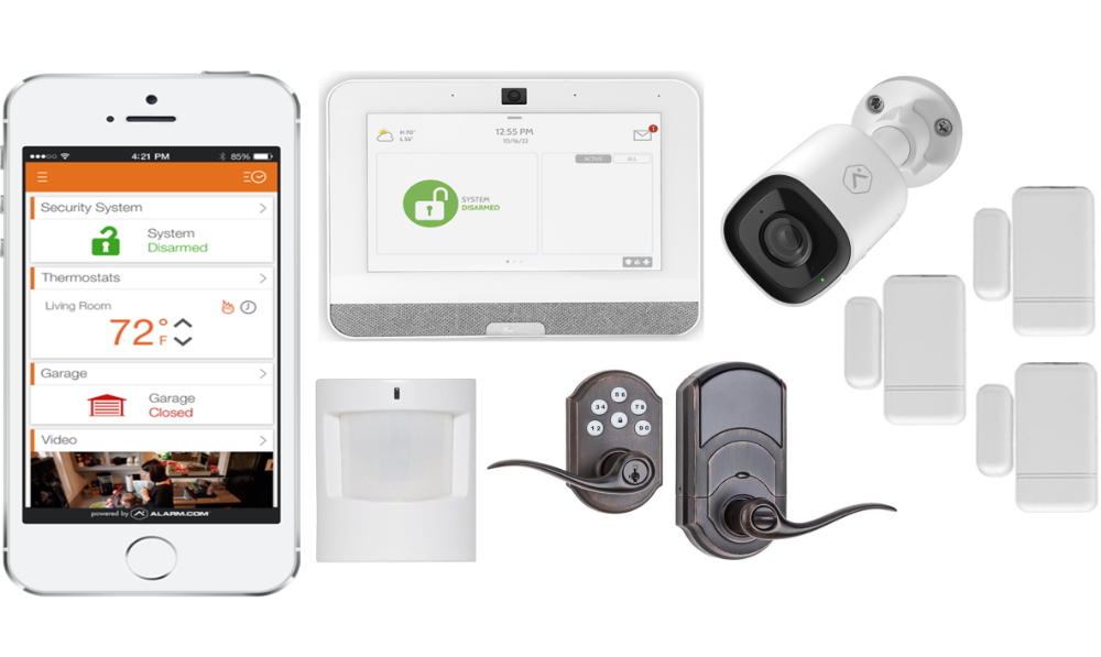 This image showcases various home security devices, including cameras, sensors, a keypad, control panel, and a smartphone with a security app interface.