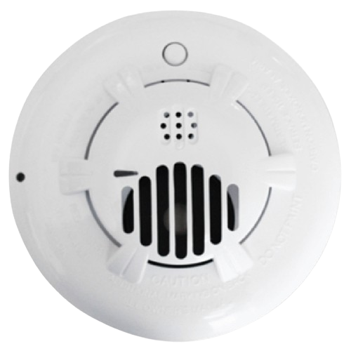 This is an image of a white, circular carbon monoxide detector mounted on a ceiling or wall, with vents and a central sensor area, possibly including a test button.