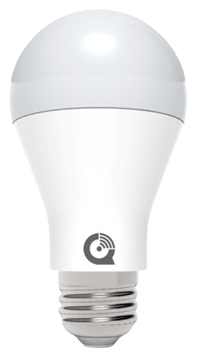 This image shows a modern LED light bulb with a white base and a clear, illuminated part, set against a stark black background.