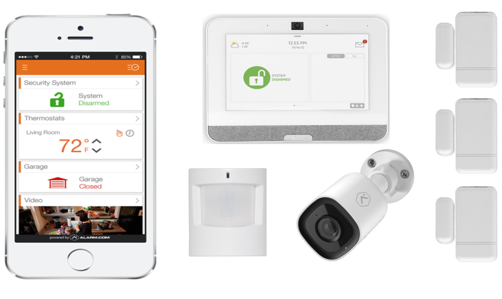 This image showcases various home security devices, including a control panel, mobile app interface, cameras, and sensors for doors and windows.