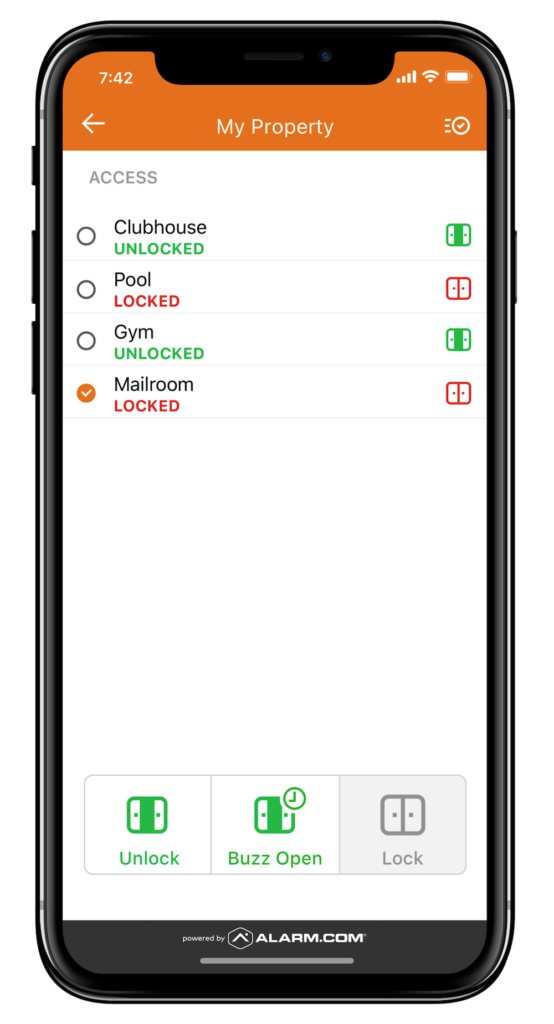 A smartphone displaying a property access control app with options to unlock or lock features like the clubhouse, pool, gym, and mailroom.