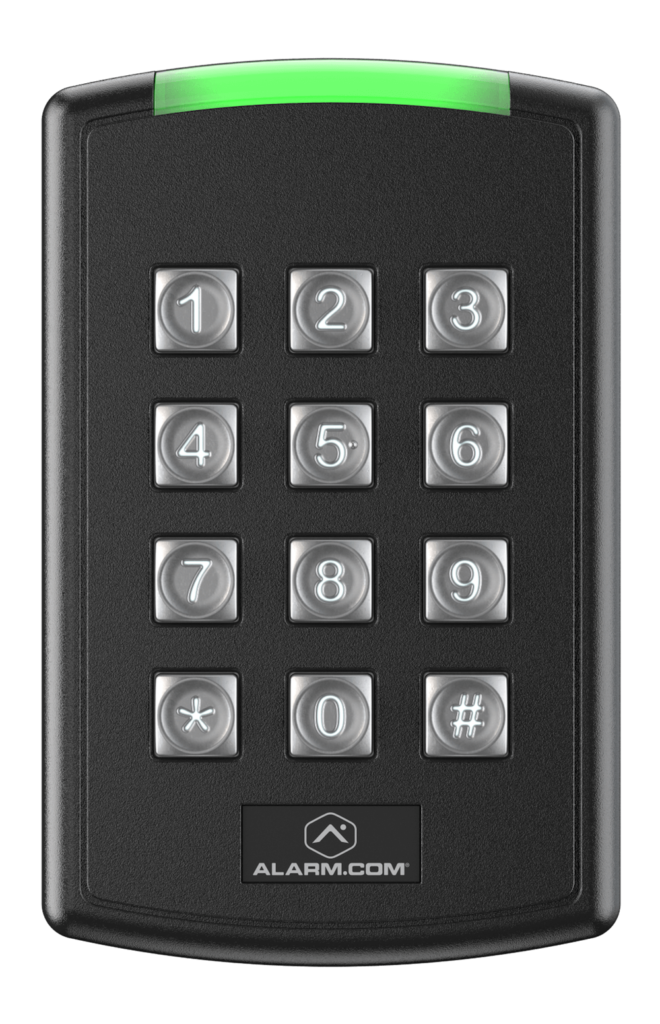 This image shows a black, vertical keypad with numbers 1 through 9, 0, asterisk, and pound keys, along with a brand logo and a green light bar at the top.