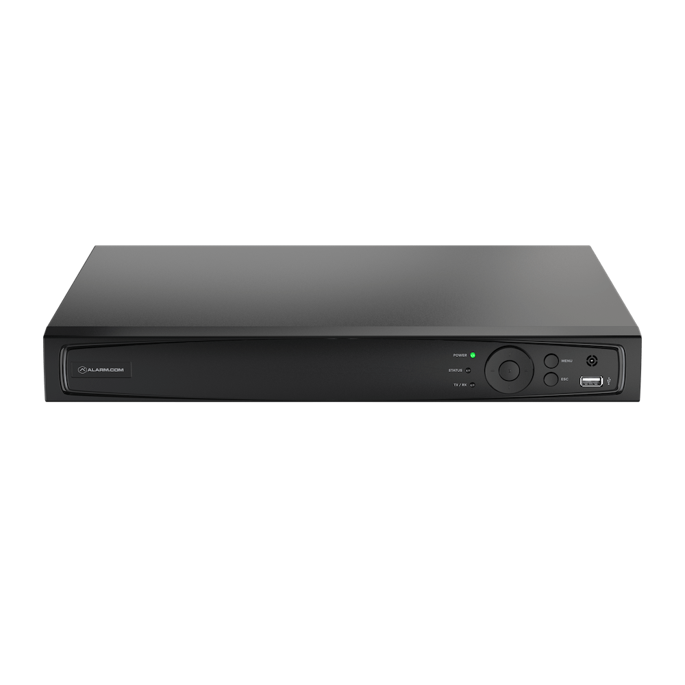 This is an image of a modern black network video recorder (NVR) with a sleek design, featuring a front panel with buttons, a USB port, and indicator lights.