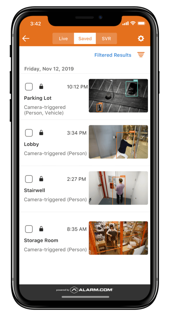 A smartphone displays a security app with multiple camera feeds capturing different locations, labeled with timestamps and detecting a person or vehicle.