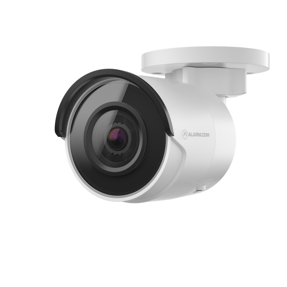 This image displays a modern, white ceiling security camera with a visible lens and branding, mounted on a surface, against a black background.
