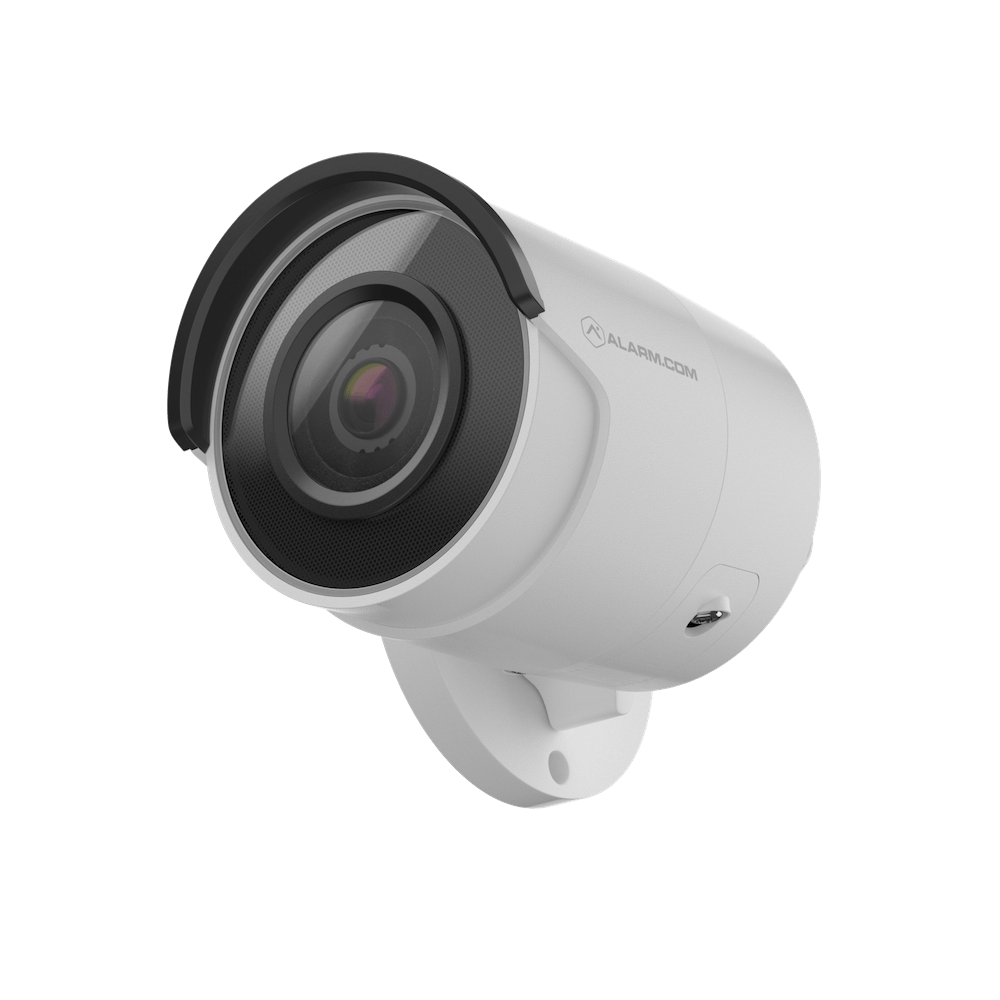 This is an image of a modern white bullet-style security camera with a prominent lens, mounted on a pivot, against a black background.