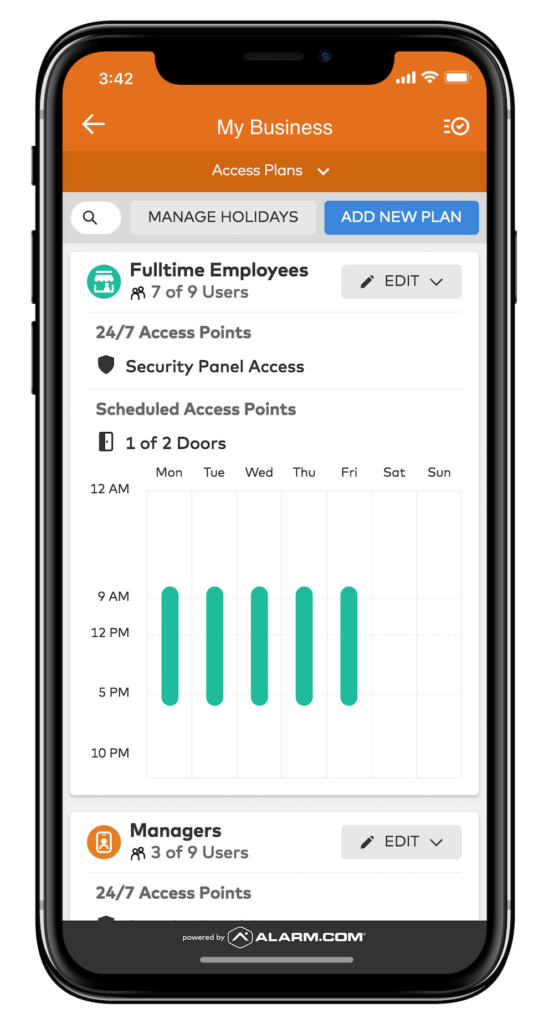 An iPhone displays a business security app interface, featuring options for managing employee access, adding plans, and reviewing access schedules with graphs.