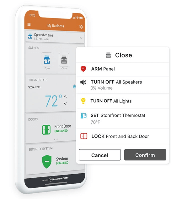 The image shows a smartphone with a smart home control app open, displaying options for managing lights, speakers, thermostat, and security system.