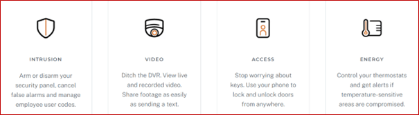 This image displays four icons representing security-related services: intrusion, video monitoring, access control, and energy management, with brief explanations beneath each icon.