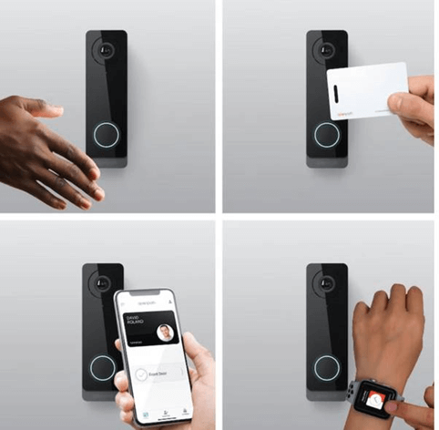 The image shows four panels demonstrating different ways to access a smart lock: via fingerprint, card, smartphone app, and a smartwatch, in a sequence.