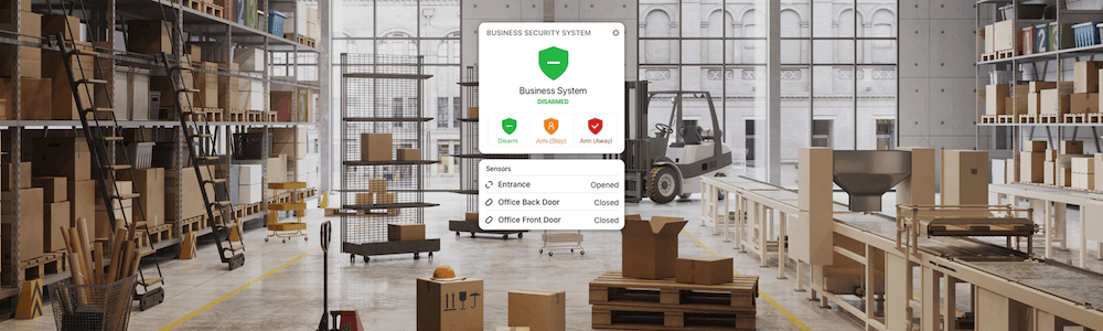 The image depicts a large, sunlit warehouse interior with rows of shelving units, cardboard boxes, pallets, and a forklift. A floating graphical user interface indicates business services.