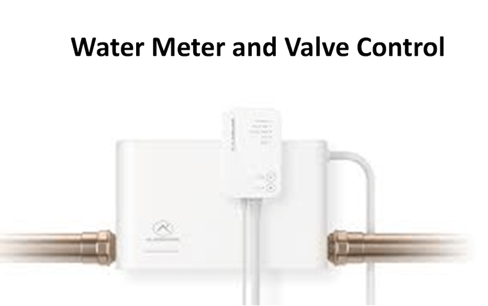 The image shows a water meter and valve control system. It has copper pipes and a white device with cables, all against a white background.