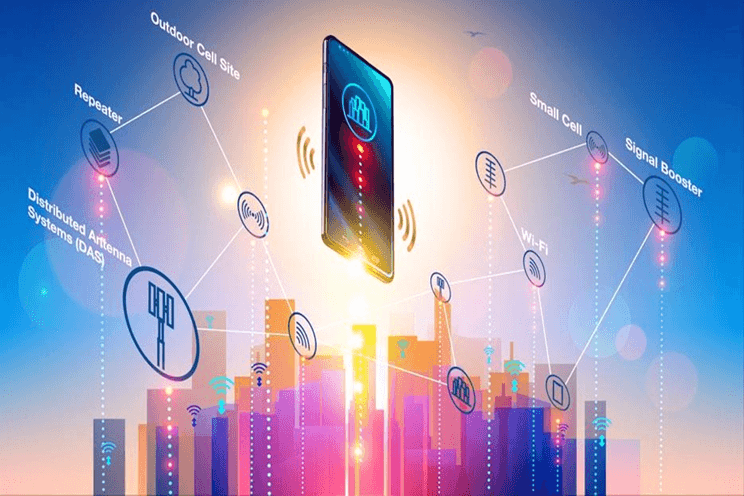 A colorful illustration showcasing a smartphone centered above a stylized city skyline, surrounded by various wireless communication symbols representing connectivity and network technology.