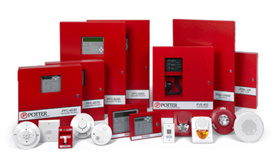 The image features an array of red and white fire alarm system components including control panels, detectors, and notification devices with the brand "POTTER" visible.