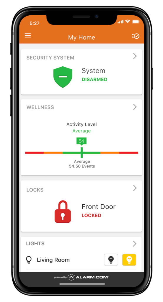 A smartphone displaying a smart home app interface with sections for security system status, wellness monitoring, lock control, and lighting management, branded by Alarm.com.