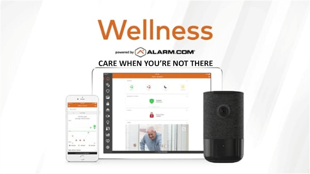 This is an advertisement for a wellness monitoring service by Alarm.com featuring a smartphone app interface, activity statistics, and a visible security camera.