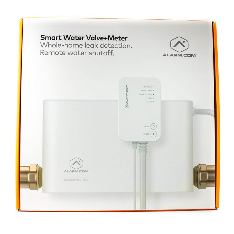The image shows a smart water valve and meter device for home leak detection and remote water shut-off, packaged in an open box with branding.