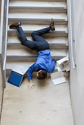 A person has fallen downstairs, lying uncomfortably on their back with papers scattered around. A briefcase is open nearby, suggesting an accident occurred while carrying items.