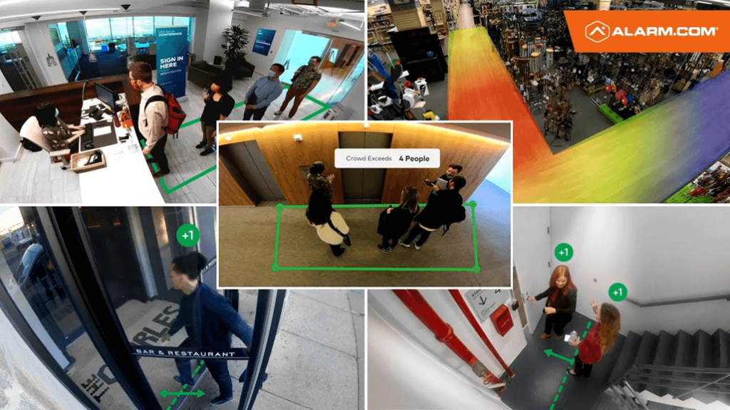 This image showcases a collage of security camera views monitoring different locations, highlighting individuals, tracking movements, and analyzing crowd levels, with an Alarm.com watermark.
